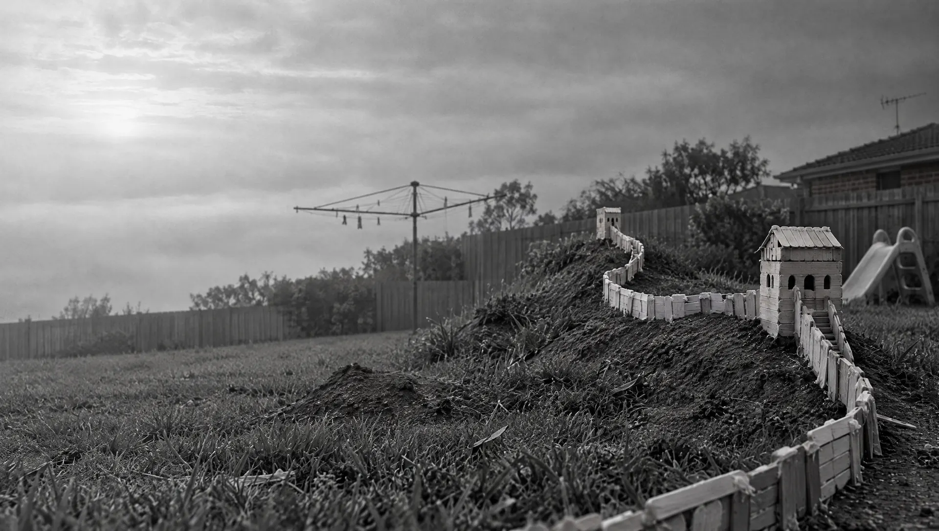 A wonky wall of paddle pop sticks winding over a dirt mound in a suburban backyard
